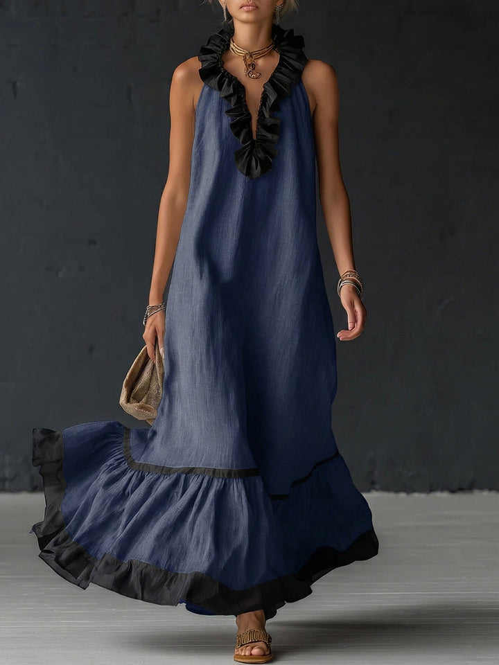 Natja - Ruffle Neck Linen Maxi Dress