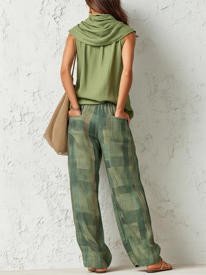 Nidya - Sage Breeze Sleeveless Top & Plaid Wide-Leg Pants Set