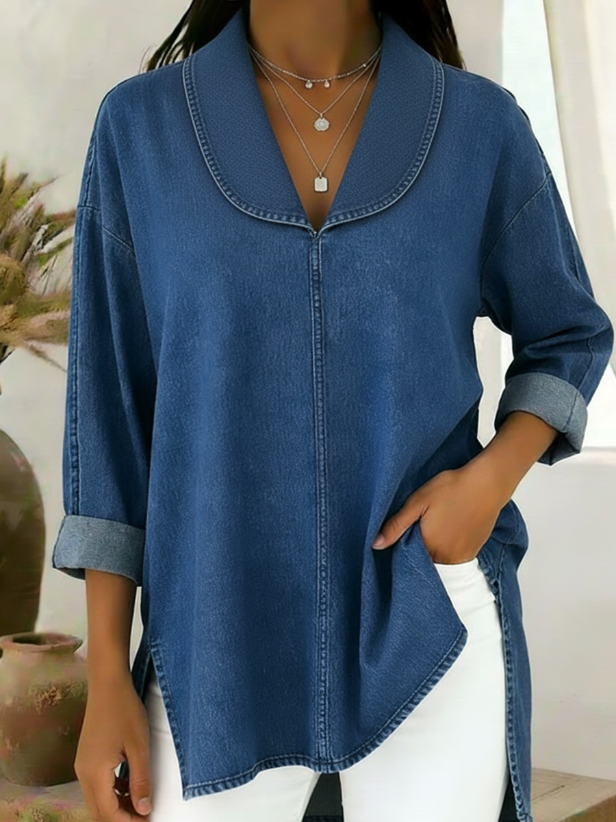 Gaetanaa - Retro Denim Top with Shawl Collar