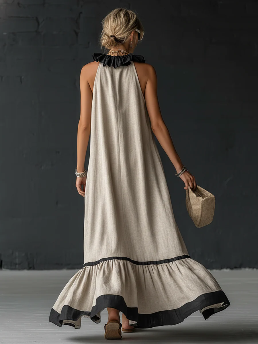 Natja - Ruffle Neck Linen Maxi Dress