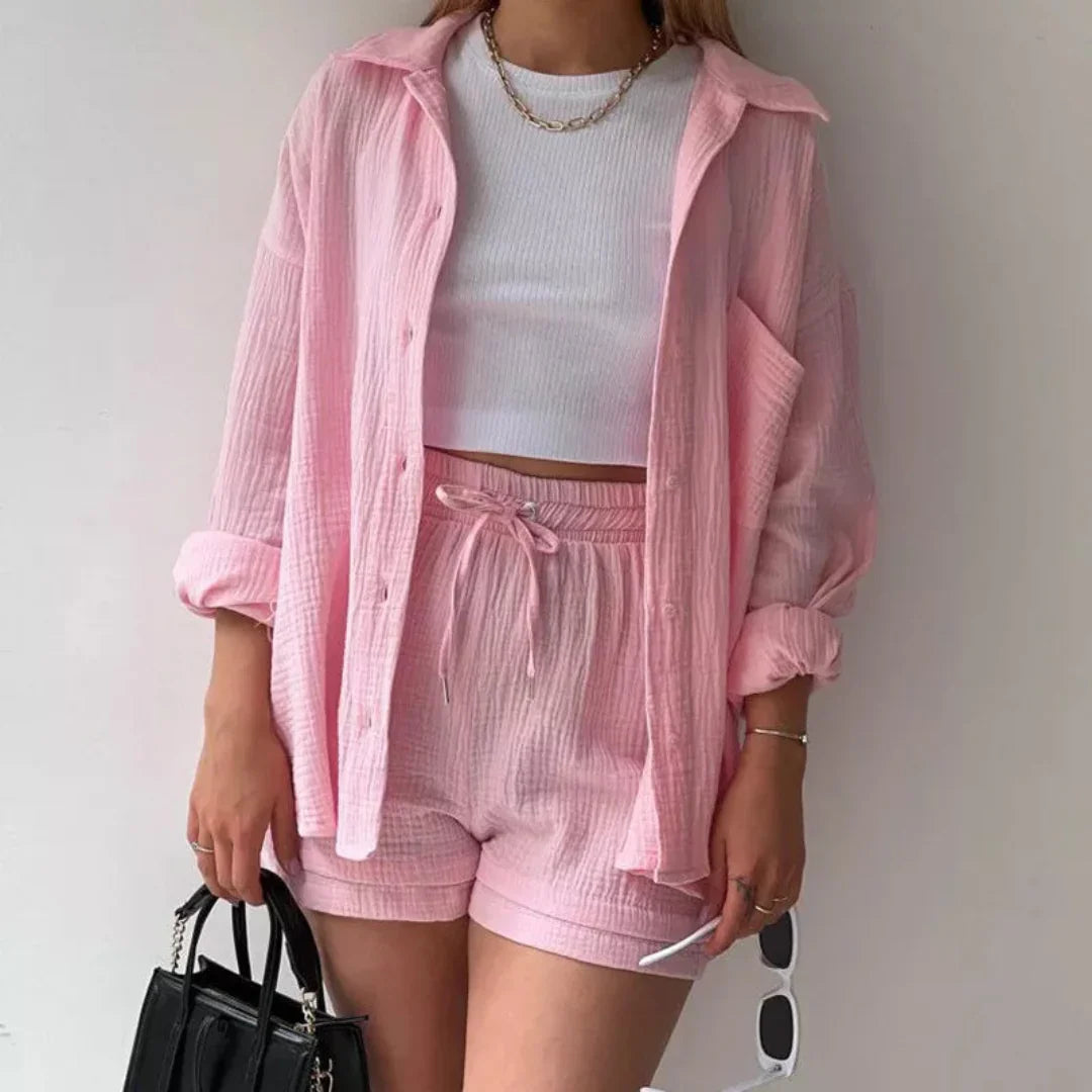 Katelyn - Two Piece Cotton Shirt And Shorts Set