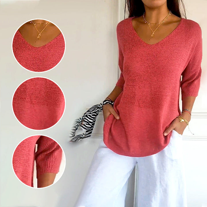 Anjela - Casual knitted Shirt With V-Neck
