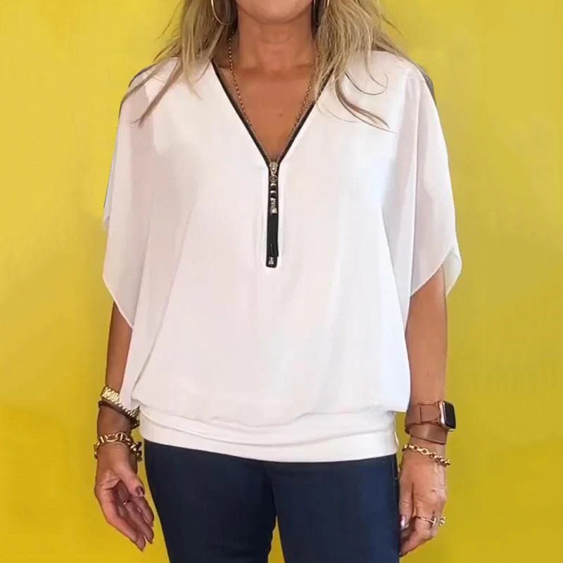 Shauna - Chiffon Casual Top With Zipper At The Neckline