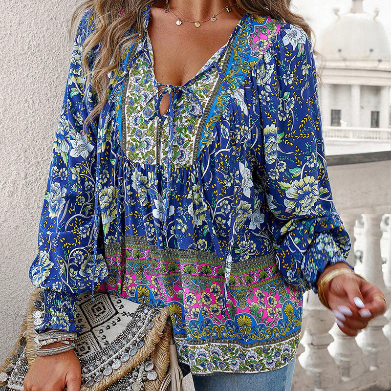 Katia - Fashionable Printed V-neck Long Sleeve Shirt