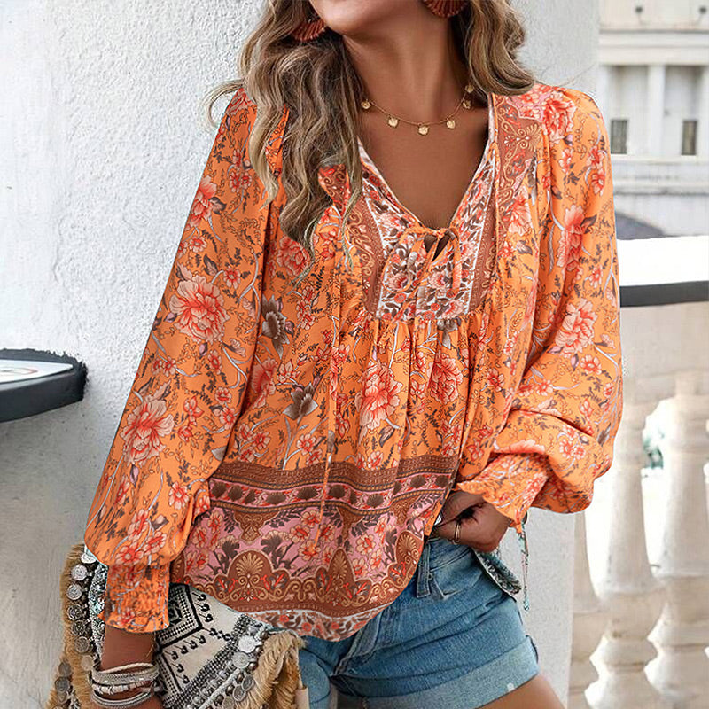 Katia - Fashionable Printed V-neck Long Sleeve Shirt