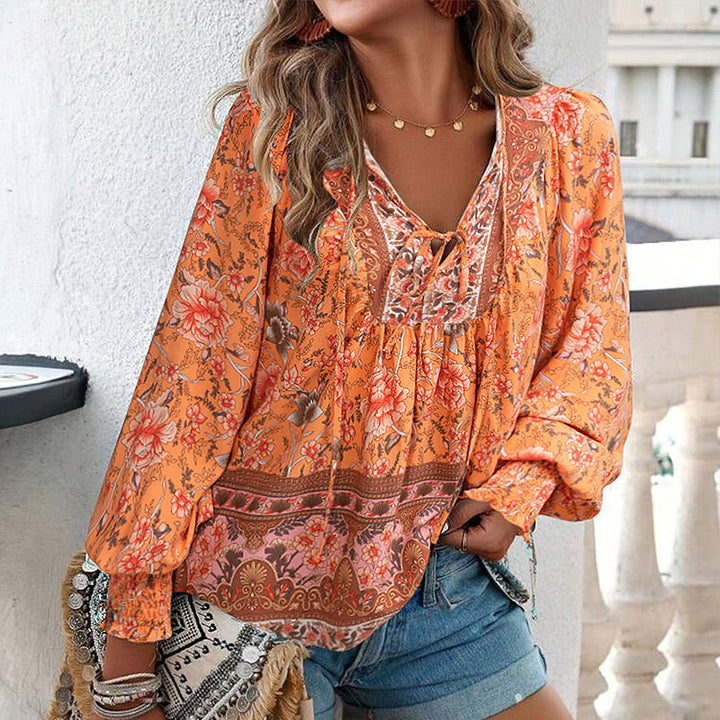 Katia - Fashionable Printed V-neck Long Sleeve Shirt