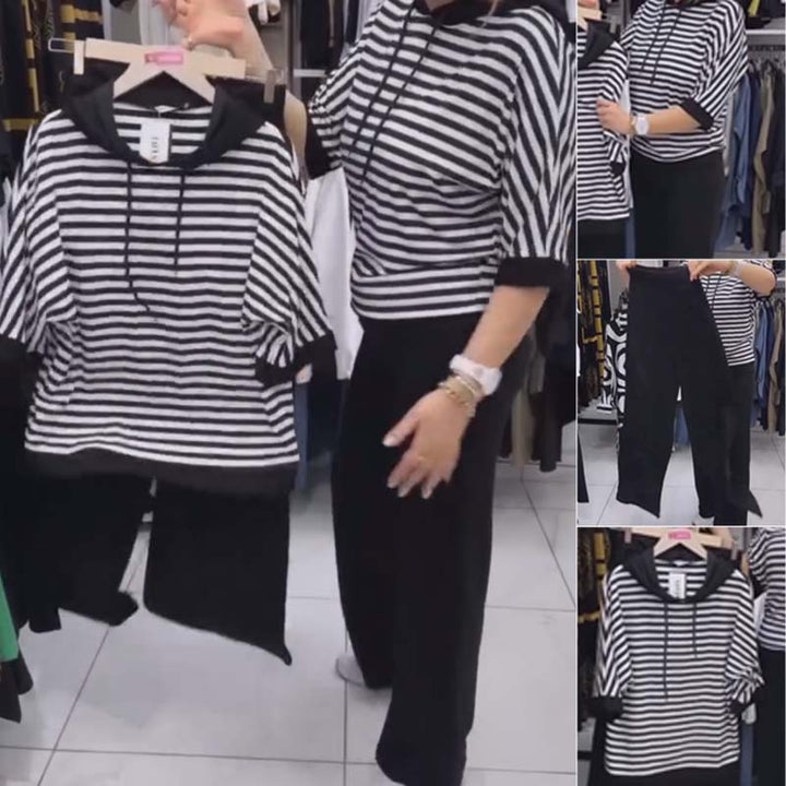 Dwiska - Stripped Top And Solid Pants Set