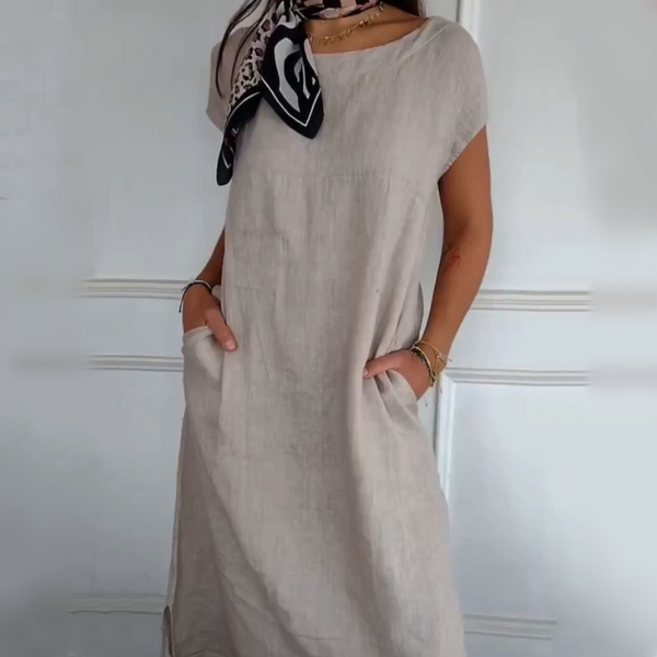 Erietta - Round Neck And Loose Fit Linen Dress