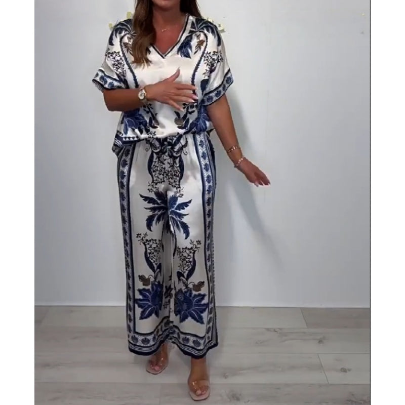 Kanella - Casual V Neck Top With Wide Pant