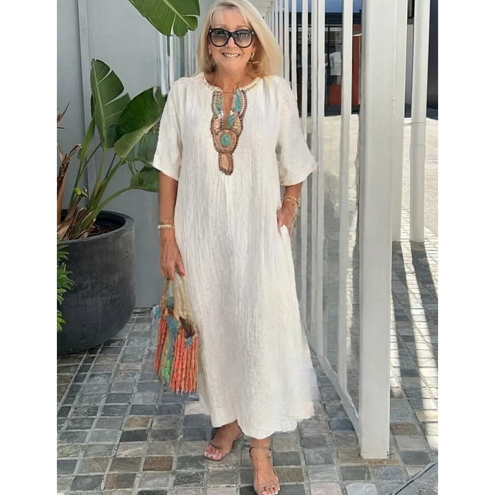 Lioba - Casual Linen Embroidered Split Dress