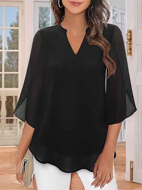 Styliani - Chiffon Blouse With V-neck