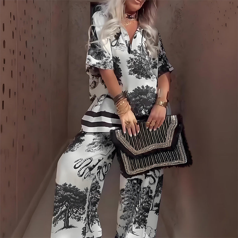 Dulcina - Printed V-Neck Top With Matching Wide Leg Pants