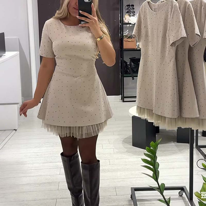 Fawnia - Glittering Mini Dress with Short Sleeves and Lace Trim