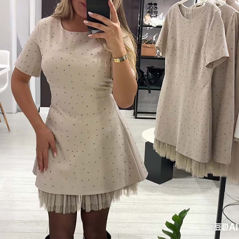 Fawnia - Glittering Mini Dress with Short Sleeves and Lace Trim