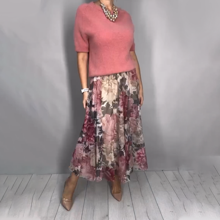 Nirosha - Elegant Floral Knit Top And Midi Skirt