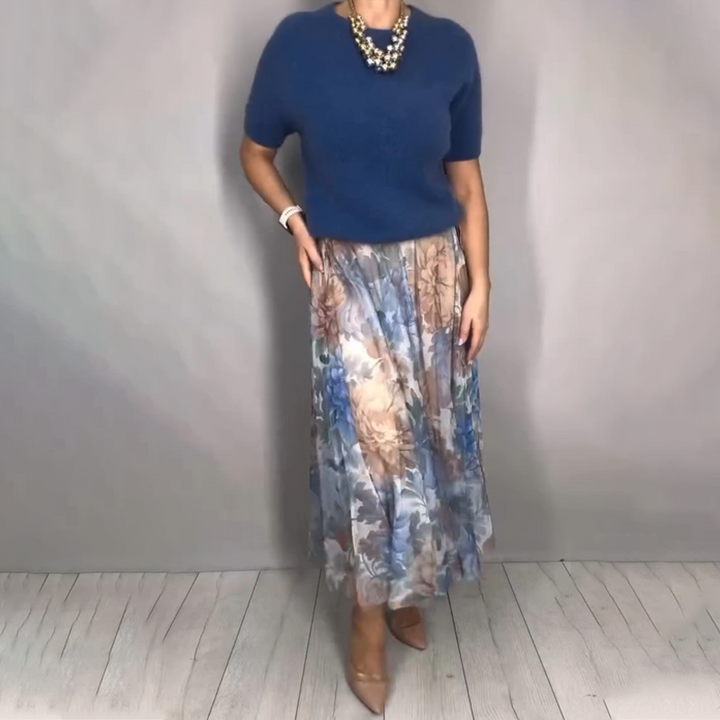 Nirosha - Elegant Floral Knit Top And Midi Skirt