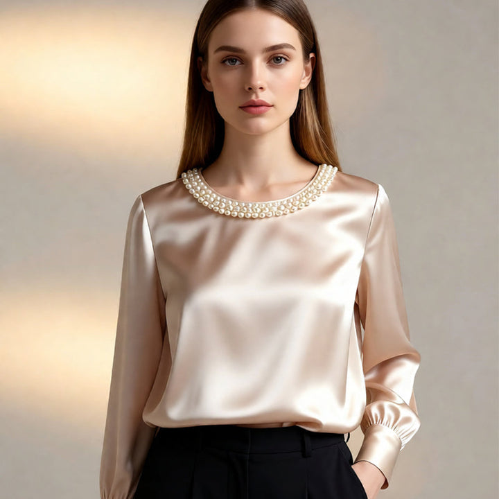 Quitterie - Satin Blouse With Pearl Collar