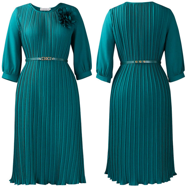 Ingeborga - Pleated Midi Dress With 3/4 Sleeves And Belt