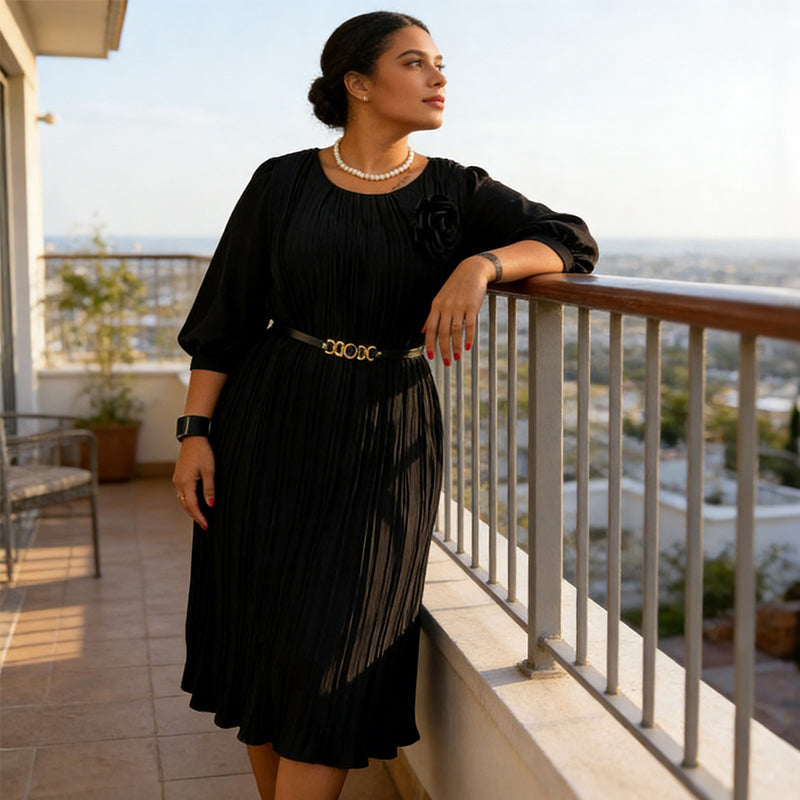 Ingeborga - Pleated Midi Dress With 3/4 Sleeves And Belt