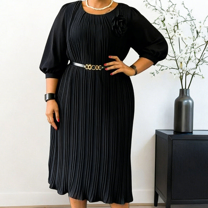 Ingeborga - Pleated Midi Dress With 3/4 Sleeves And Belt