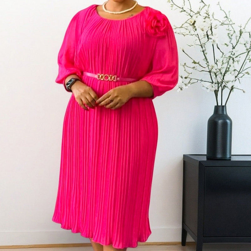 Ingeborga - Pleated Midi Dress With 3/4 Sleeves And Belt