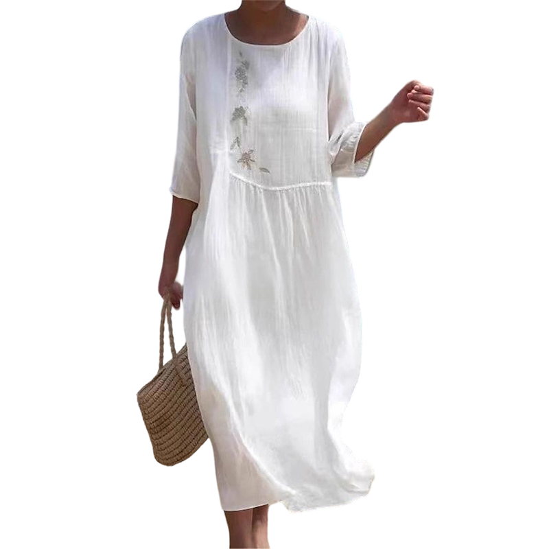 Molaka - Comfortable Embroidered Linen Midi Dress