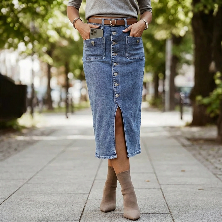 Ralisia - High Waisted Denim Skirt With Button