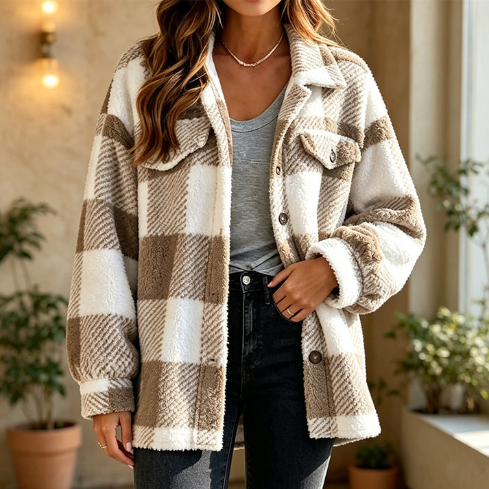 Jovine - Cozy Checked Jacket With Button