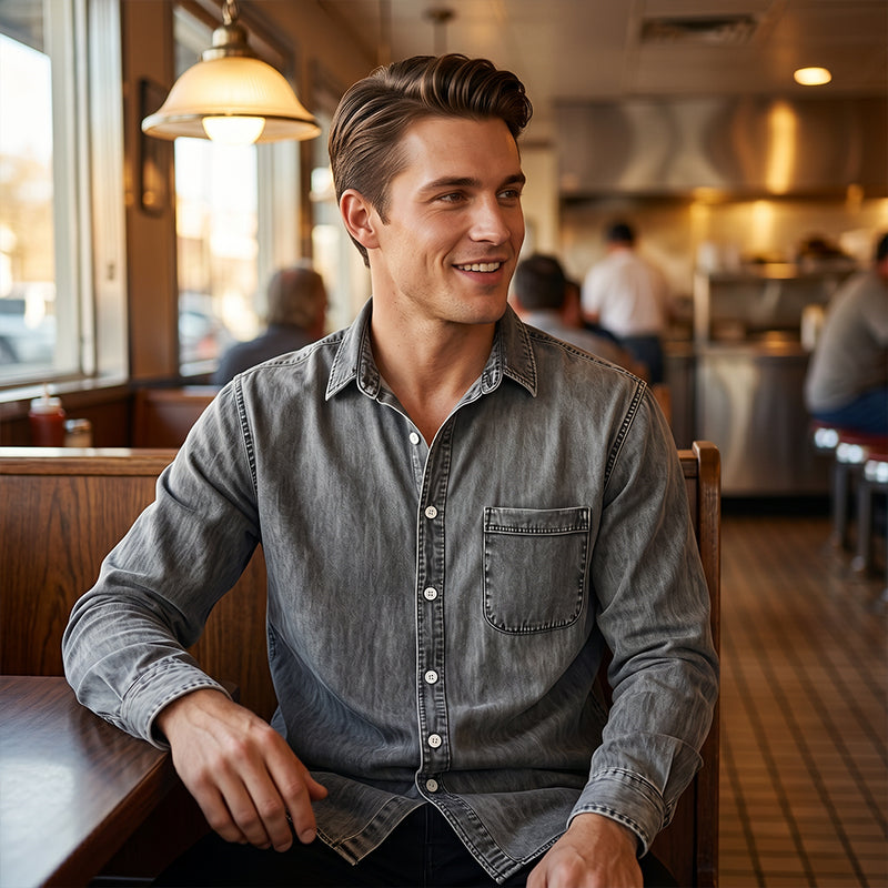 Theoius - Long Sleeve Denim Button-Up Shirt