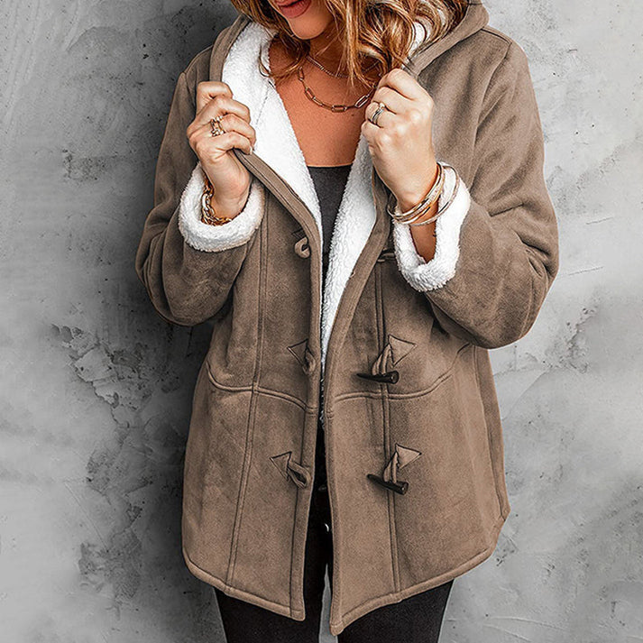 Gisisea - Long Sleeve Faux Suede Hooded Coat