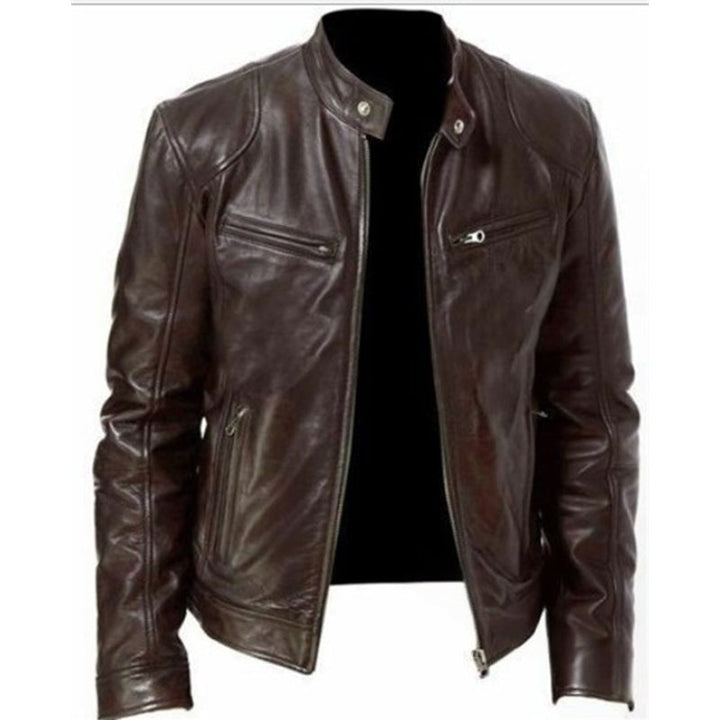 Dimitwin - Stand Collar Zip Up Leather Jacket
