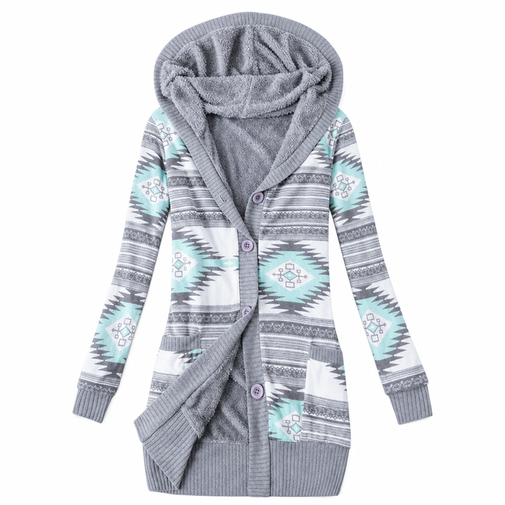 Lucris - Geometric Print Hooded Cardigan