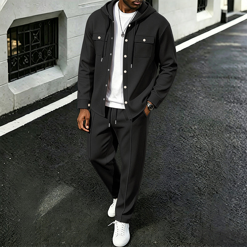 Zinuflow - Waffle Print Hooded Jacket And Pants Set