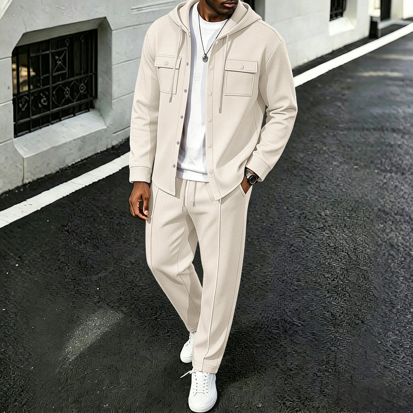 Zinuflow - Waffle Print Hooded Jacket And Pants Set